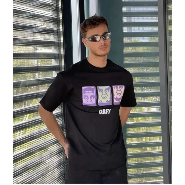Biçomi Unisex Bisiklet Yaka Baskılı Oversize T-Shirt - Siyah