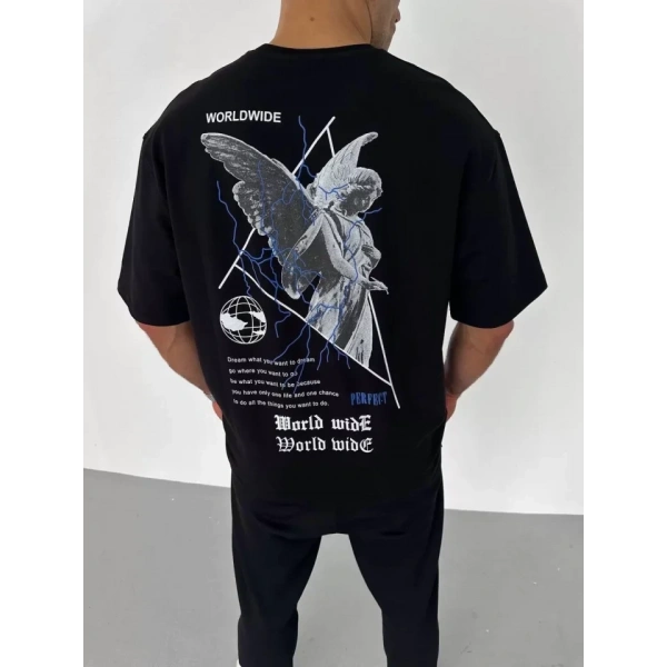 Biçomi Unisex Bisiklet Yaka Baskılı Oversize T-Shirt - Siyah