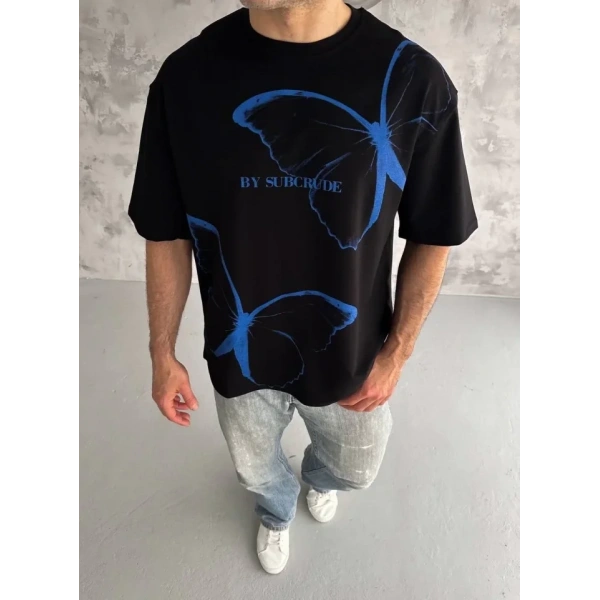 Biçomi Unisex Bisiklet Yaka Baskılı Oversize T-Shirt - Siyah