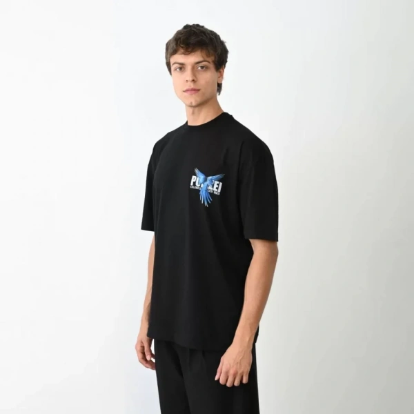 Biçomi Unisex Bisiklet Yaka Baskılı Oversize T-Shirt - Siyah