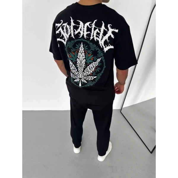 Biçomi Unisex Bisiklet Yaka Baskılı Oversize T-Shirt - Siyah
