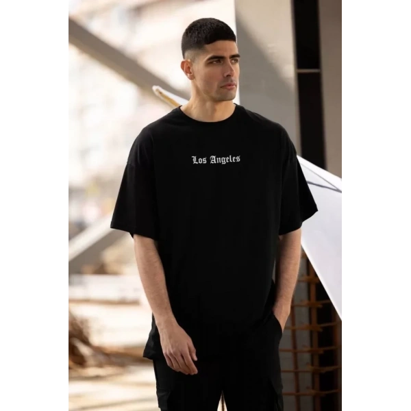 Biçomi Unisex Bisiklet Yaka Baskılı Oversize T-Shirt - Siyah