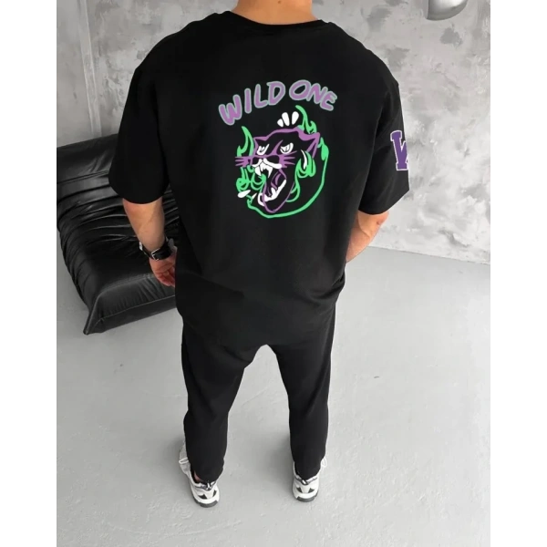 Biçomi Unisex Bisiklet Yaka Baskılı Oversize T-Shirt - Siyah