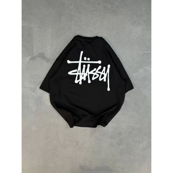 Biçomi Unisex Bisiklet Yaka Baskılı Oversize T-Shirt - Siyah