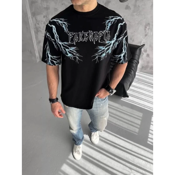 Biçomi Unisex Bisiklet Yaka Baskılı Oversize T-Shirt - Siyah