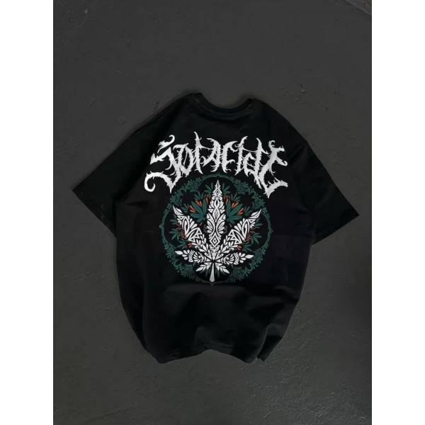 Biçomi Unisex Bisiklet Yaka Baskılı Oversize T-Shirt - Siyah