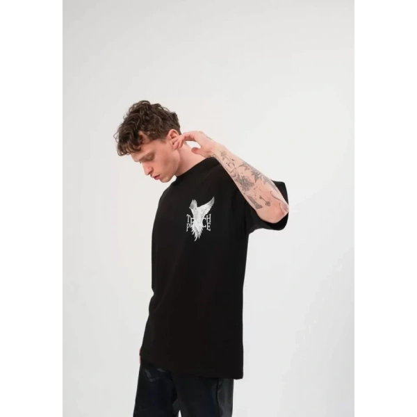Biçomi Unisex Bisiklet Yaka Baskılı Oversize T-Shirt - Siyah