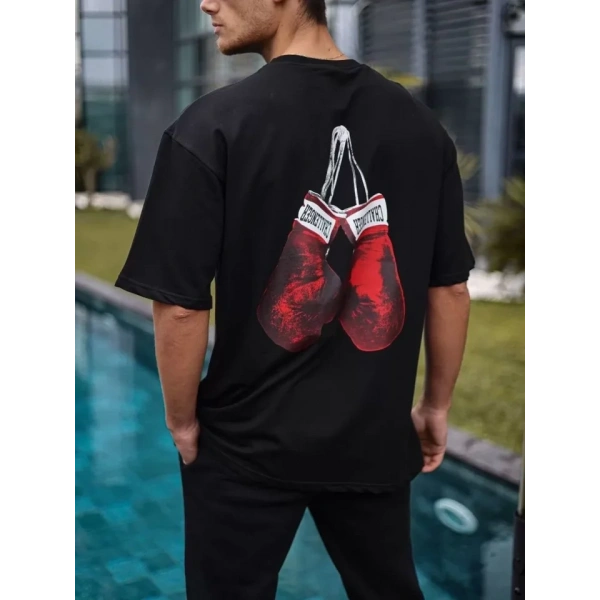 Biçomi Unisex Bisiklet Yaka Baskılı Oversize T-Shirt - Siyah
