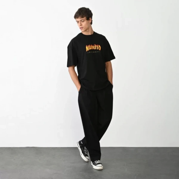 Biçomi Unisex Bisiklet Yaka Baskılı Oversize T-Shirt - Siyah