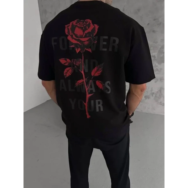 Biçomi Unisex Bisiklet Yaka Baskılı Oversize T-Shirt - Siyah
