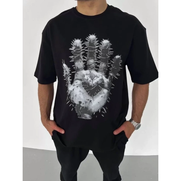 Biçomi Unisex Bisiklet Yaka Baskılı Oversize T-Shirt - Siyah