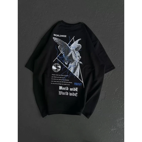 Biçomi Unisex Bisiklet Yaka Baskılı Oversize T-Shirt - Siyah