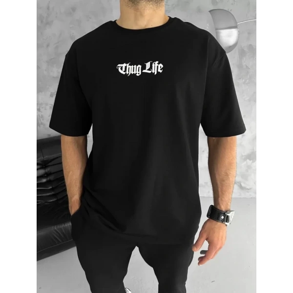 Biçomi Unisex Bisiklet Yaka Baskılı Oversize T-Shirt - Siyah
