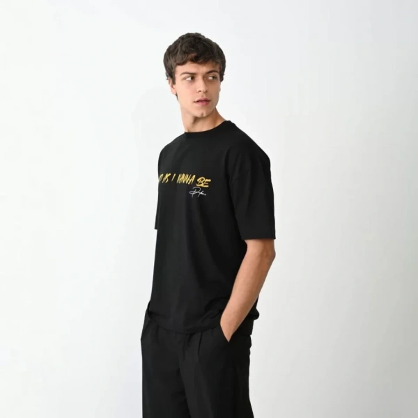 Biçomi Unisex Bisiklet Yaka Baskılı Oversize T-Shirt - Siyah