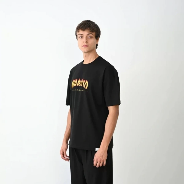 Biçomi Unisex Bisiklet Yaka Baskılı Oversize T-Shirt - Siyah
