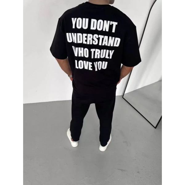 Biçomi Unisex Bisiklet Yaka Baskılı Oversize T-Shirt - Siyah