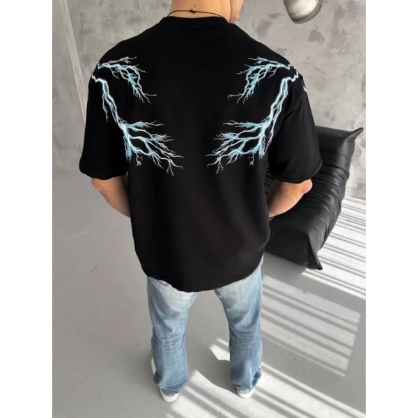 Biçomi Unisex Bisiklet Yaka Baskılı Oversize T-Shirt - Siyah