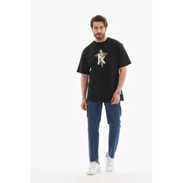 Biçomi Unisex Bisiklet Yaka Baskılı Oversize T-Shirt - Siyah