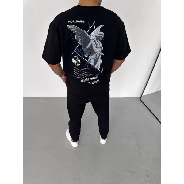 Biçomi Unisex Bisiklet Yaka Baskılı Oversize T-Shirt - Siyah