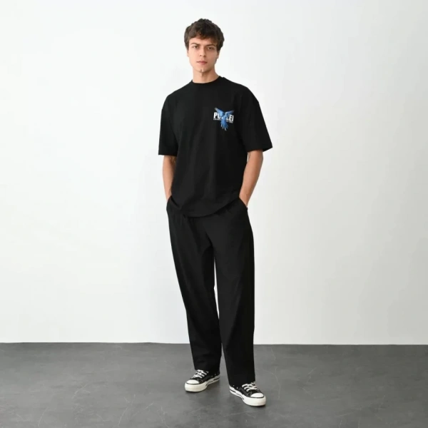 Biçomi Unisex Bisiklet Yaka Baskılı Oversize T-Shirt - Siyah