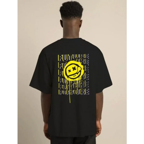 Biçomi Unisex Bisiklet Yaka Baskılı Oversize T-Shirt - Siyah