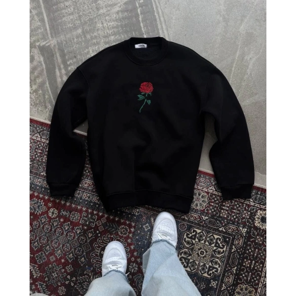 Biçomi Unisex Bisiklet Yaka Ön Ve Arka Baskılı SweatShirt - Siyah