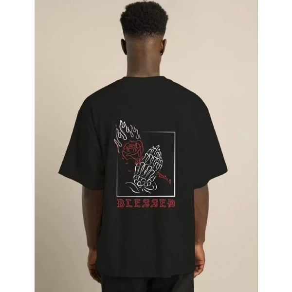 Biçomi Unisex Bisiklet Yaka Oversize Baskılı T-Shirt - Siyah