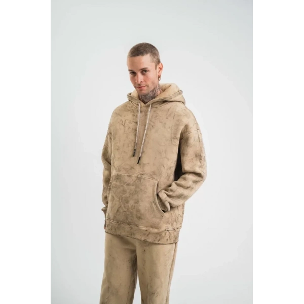 Biçomi Unisex Double Oversize Kapşonlu Yıkamalı SweatShirt - Bej