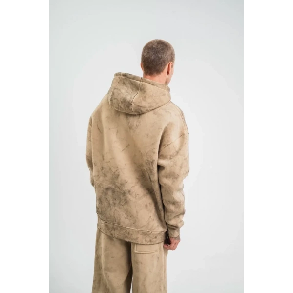 Biçomi Unisex Double Oversize Kapşonlu Yıkamalı SweatShirt - Bej