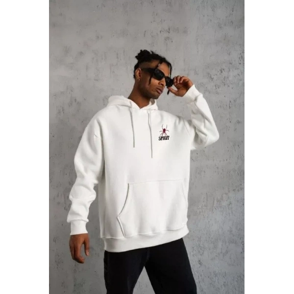 Biçomi Unisex Kapşonlu Baskılı Sweetshirt - Beyaz
