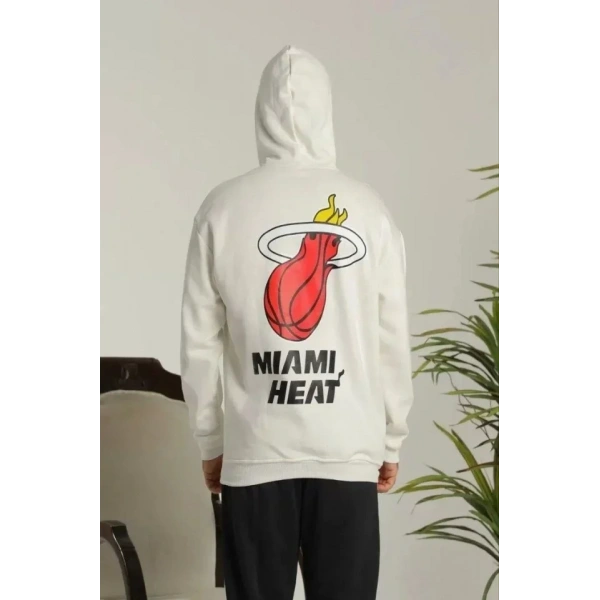 Biçomi Unisex Kapşonlu Baskılı Sweetshirt - Beyaz