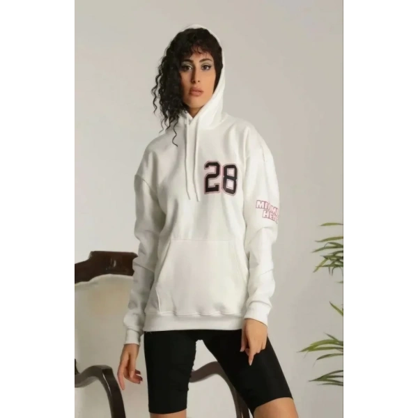 Biçomi Unisex Kapşonlu Baskılı Sweetshirt - Beyaz