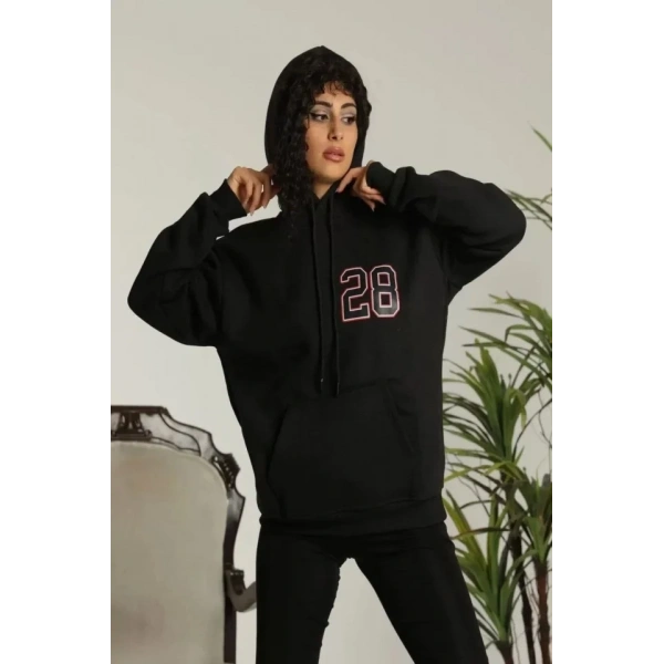 Biçomi Unisex Kapşonlu Baskılı Sweetshirt - Siyah