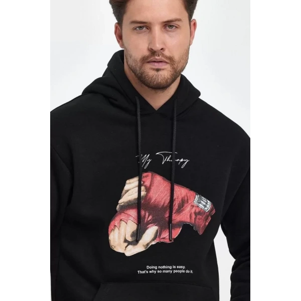Biçomi Unisex Kapüşonlu Üç İplik Oversize Baskılı Sweatshirt - Siyah