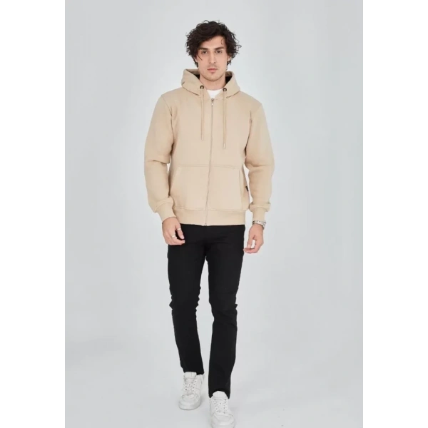 Biçomi Unisex Tam Fermuarlı Kapşonlu  SweatShirt - Bej