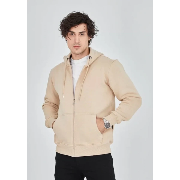 Biçomi Unisex Tam Fermuarlı Kapşonlu  SweatShirt - Bej