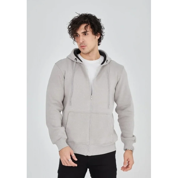 Biçomi Unisex Tam Fermuarlı Kapşonlu  SweatShirt - Boyalı Gri