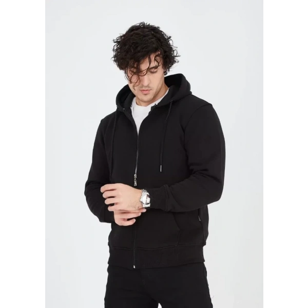 Biçomi Unisex Tam Fermuarlı Kapşonlu  SweatShirt - Siyah