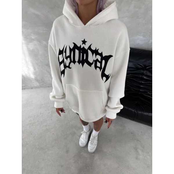 Biçomi Unisex Üç İplik Kapşonlu Baskılı SweatShirt - Beyaz