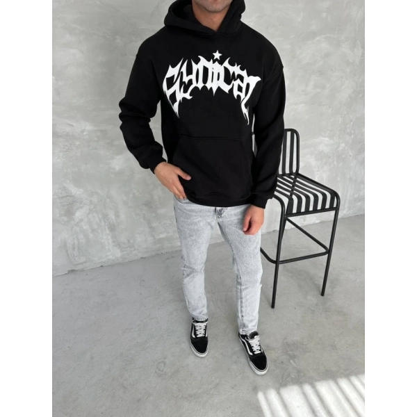 Biçomi Unisex Üç İplik Kapşonlu Baskılı SweatShirt - Siyah
