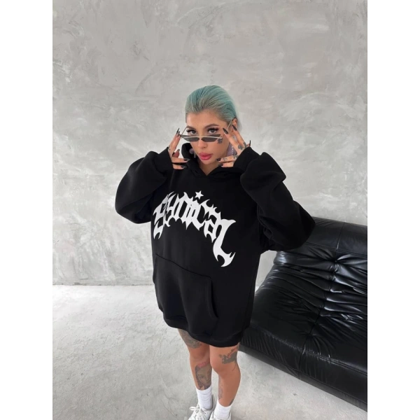 Biçomi Unisex Üç İplik Kapşonlu Baskılı SweatShirt - Siyah