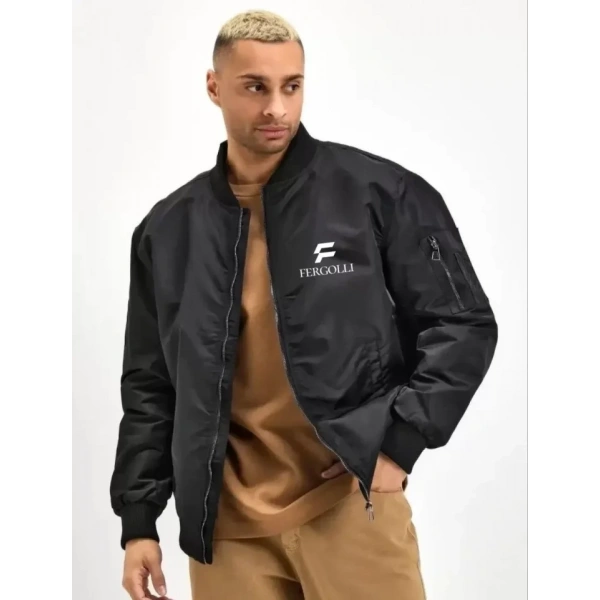 Biçomi Unisex Uzun Kol Baskılı Bomber Ceket - Siyah