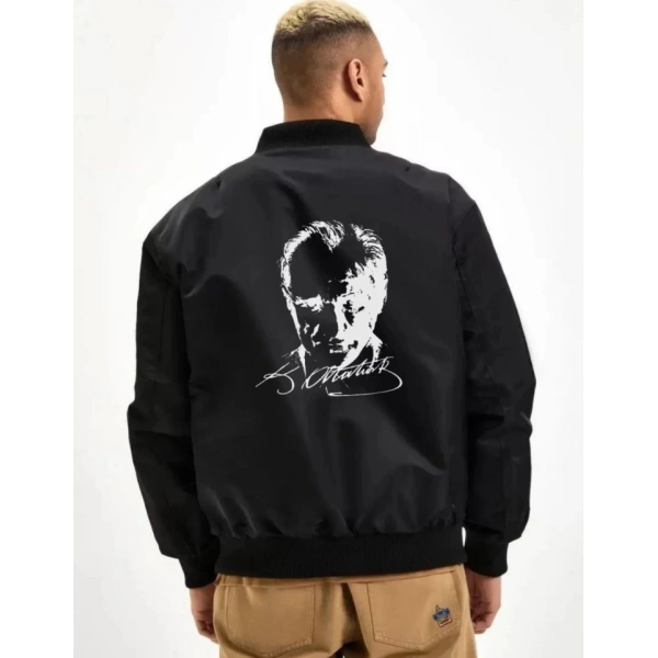 Biçomi Unisex Uzun Kol Baskılı Bomber Ceket - Siyah