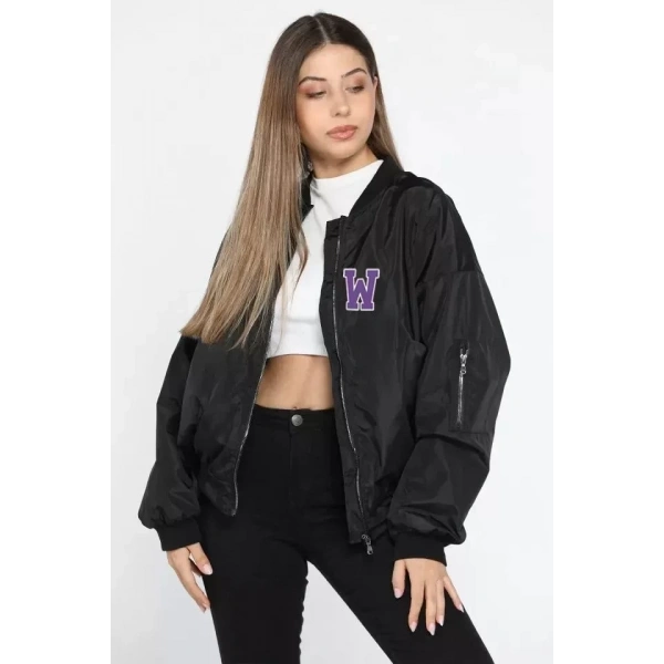 Biçomi Unisex Uzun Kol Baskılı Bomber Ceket - Siyah