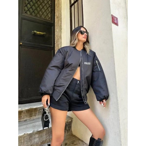 Biçomi Unisex Uzun Kol Baskılı Bomber Ceket - Siyah