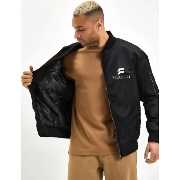Biçomi Unisex Uzun Kol Baskılı Bomber Ceket - Siyah