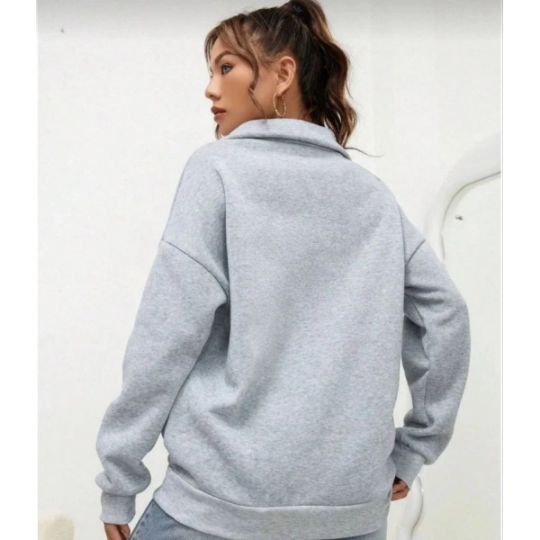 Biçomi Unisex Uzun Kol Yarım Farmuarlı Yakalı Basic SweatShirt - Gri