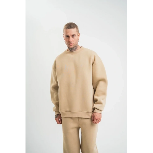 Biçomi Uzun Kol Bisiklet Yaka Basic SweatShirt - Bej
