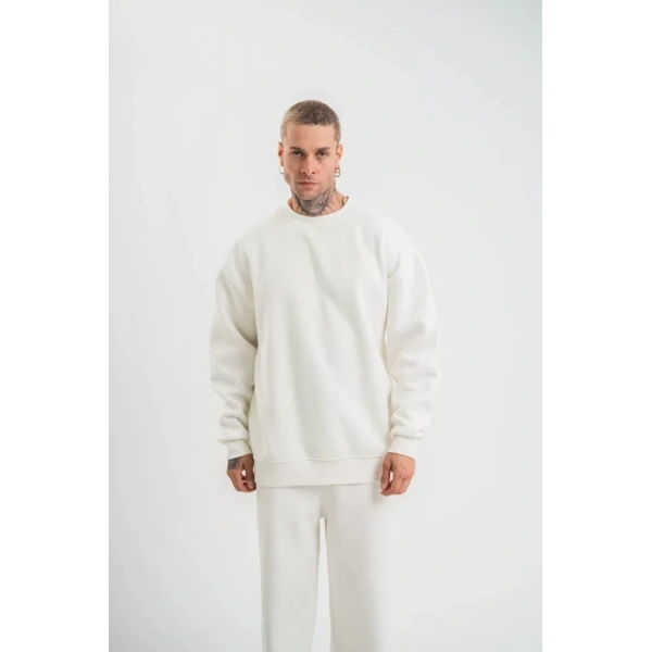 Biçomi Uzun Kol Bisiklet Yaka Basic SweatShirt - Beyaz