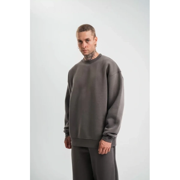Biçomi Uzun Kol Bisiklet Yaka Basic SweatShirt - Füme